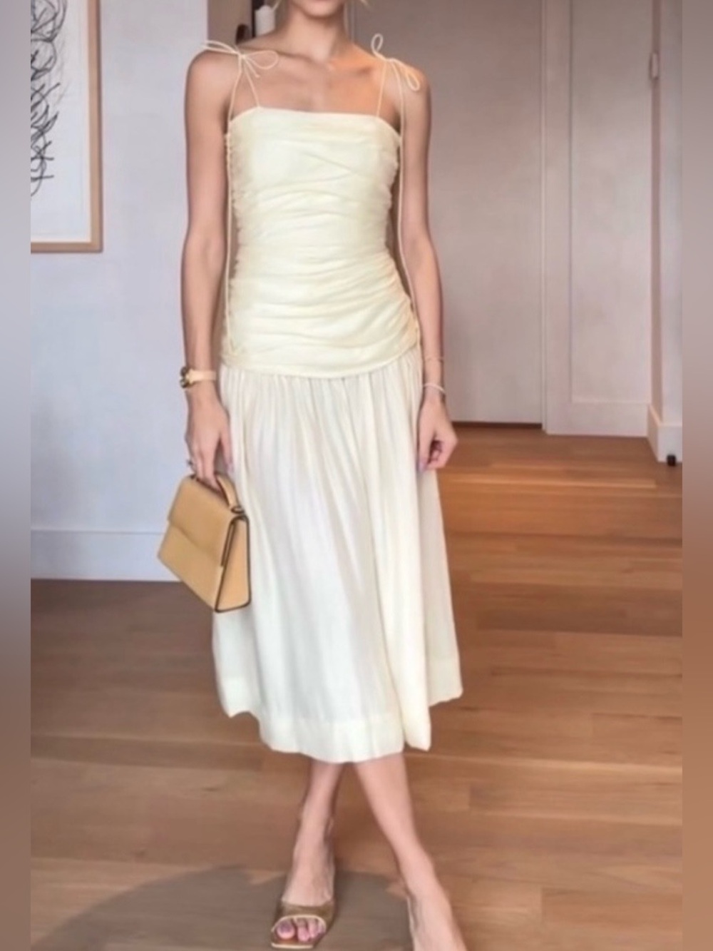 Zara Women’s Ivory Slip Ruched Square Neck Strappy Midi Dress Size M